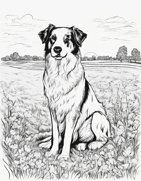 Australian Sheperd in a field, for coloring page, high quality, black and white, no shading