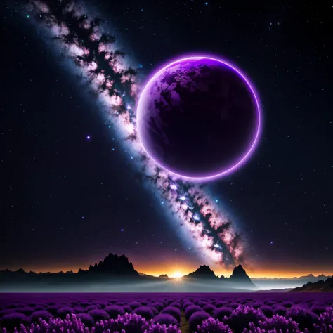 Purple planet in the sky，There is a lone tree in the foreground, fantasy planet, violet planet, Beautiful alien landscape, Fantasy space, alien dream world, purplish space in background, planetarylandscape, an alien planet, lush alien landscape, Scenery of...