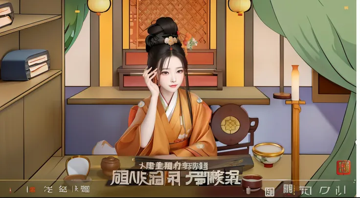 There is a caricature，The painting is of a woman sitting at the table, Inspired by Song Huizong, Princesa chinesa antiga, Wearing ancient Chinese clothes, ancient chinese beauti, 宮 ， A girl in Hanfu, Inspired by Yun Shouping, ancient asian dynasty princess...