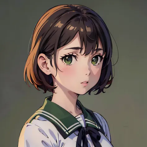 (masterpiece, best quality:1.2),illustration,8k,hd,1girl,solo,upper body,(portrait:1.2),white serafuku,uniform,black pantyhose,green sailor collar,green pleated skirt,shoes,short brown hair,