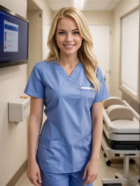 (Best quality,8k,ultra high res:1.2),(American woman,Blonde),(Looking at viewer),(smile),(Stright hair),(Nurse scrubs),(at hospital),(Sfw),(Full body)