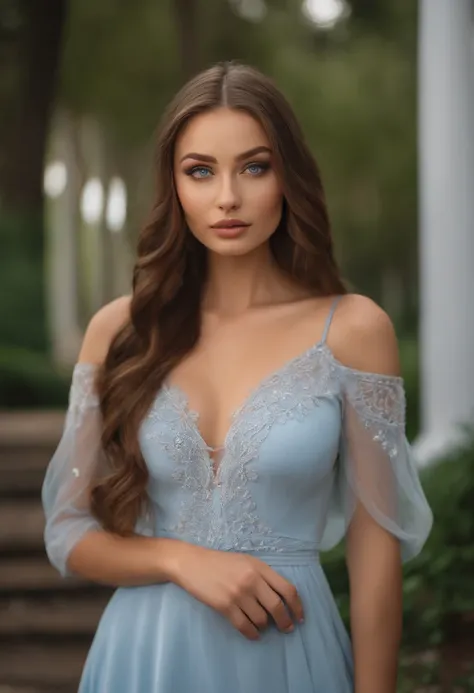 A poised and alluring woman with captivating blue eyes, resembling the ultra-realistic Sophie Mudd. She wears natural makeup, exudes a sexy charm in a short dress, and poses in a park setting with a prominent bust.