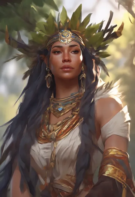 (full body), solo, detailed background, detailed face, wise, (female), (native american), (beautiful hair, braids:0.2), mystical, (gorgeous face), stunning, (eyes open, serene expression), butterflies, strawberries, leather clothes, prayer beads, tribal je...