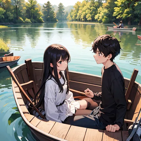 1girl and 1 boy, A dark-haired, Longhair Girl, Black eyes, park lake, Warm afternoon, sit facing each other in a rowboat, from side view