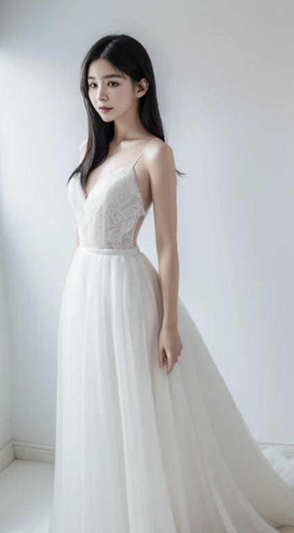 (top-quality, ​masterpiece, hight resolution), (Realisticity)、(softfocus)、(Fantastical)、Beautuful Women、美丽的面容、 One girl，age19、 Beautiful black hair、 realistic skin textures，(white wedding dress)、((Full body like))、(Standing posture)、softlight、White backgro...