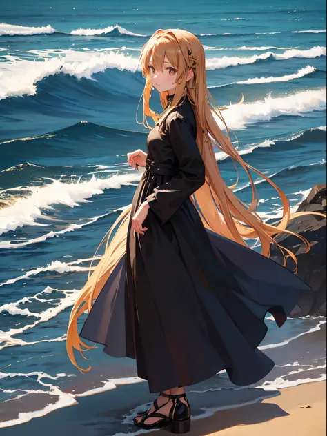 Asuna, wearing long dress, black dress, sand dessert, potrait, sunny, pov