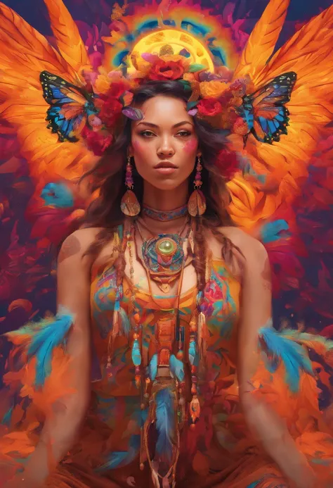 (full body), solo, detailed background, detailed face, wise, (female), (native american), (beautiful hair, braids:0.2), mystical, (gorgeous face), stunning, (eyes open, serene expression), butterflies, strawberries, leather clothes, prayer beads, tribal je...