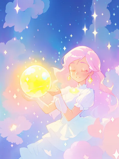 beautiful girl in sparkling white dress holding a magical sphere, ((sparkling puffy layered ballgown)), (magical, whimsical), (glowing magical orb), long flowing colorful hair, colorful fantasia background, watercolor illustration, disney art style, glowin...