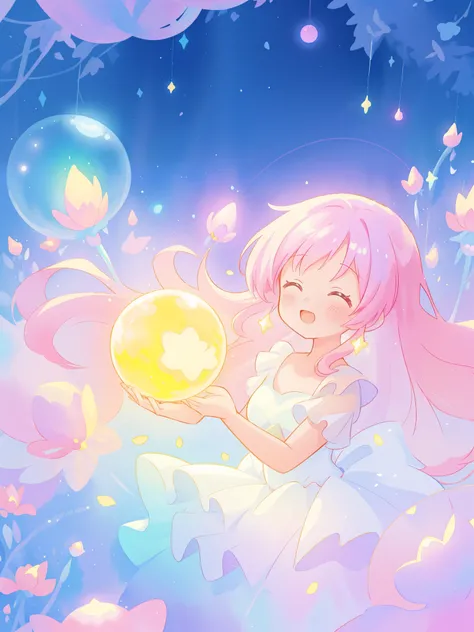 beautiful girl in sparkling white dress holding a magical sphere, ((sparkling puffy layered ballgown)), (magical, whimsical), (glowing magical orb), long flowing colorful hair, colorful fantasia background, watercolor illustration, disney art style, glowin...