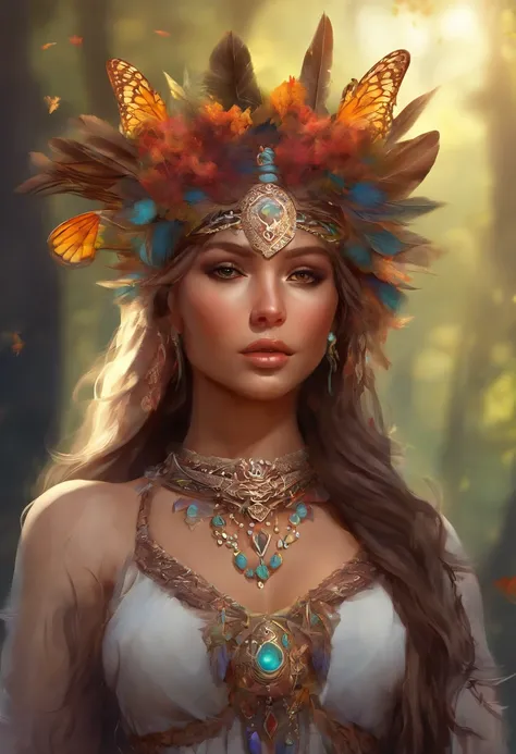 (full body), solo, detailed background, detailed face, wise, (female), (native american), (beautiful hair, braids:0.2), mystical, (gorgeous face), stunning, (eyes open, serene expression), butterflies, strawberries, leather clothes, prayer beads, tribal je...