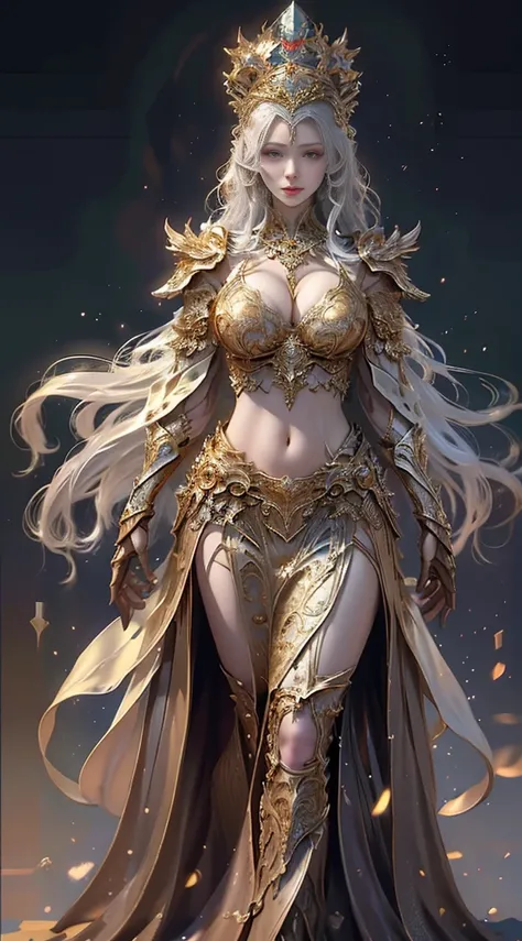 woman in a golden transparent dress,view the viewer,(((Huge cleavage, The cleavage is larger))),Slim waist,(belly button only,Bare waist), Long gray hair, Ultra-detailed details,High-end art station, Rainstorm site, detailed fantasy art, Stunning character...