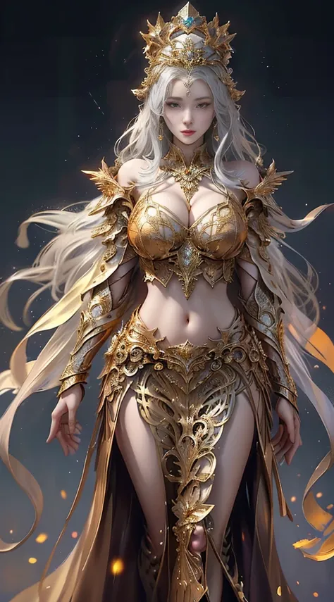 woman in a golden transparent dress,view the viewer,(((Huge cleavage, The cleavage is larger))),Slim waist,(belly button only,Bare waist), Long gray hair, Ultra-detailed details,High-end art station, Rainstorm site, detailed fantasy art, Stunning character...