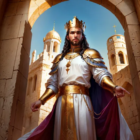 An image of King Solomon as a young man inside the city of Jerusalem being watched over by the city, realista, Biblical times, cinemactic