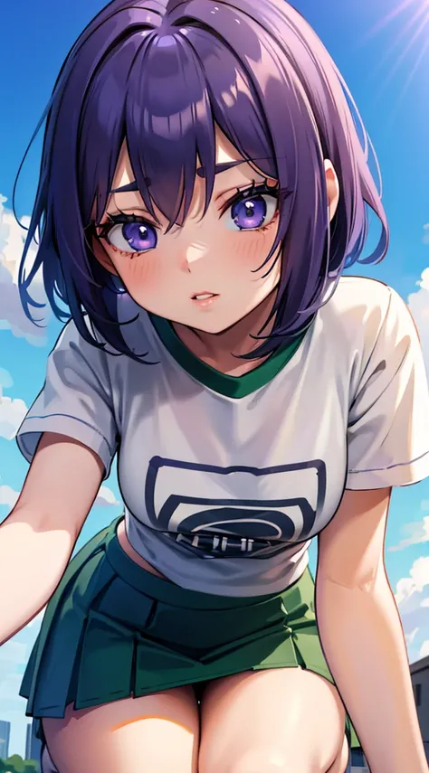 "(best quality, highres, ultra-detailed), female anime, t-shirt and school mini skirt, short purple hair, detailed eyes and face, beautiful detailed lips, long eyelashes, vibrant colors, anime style, natural lighting"