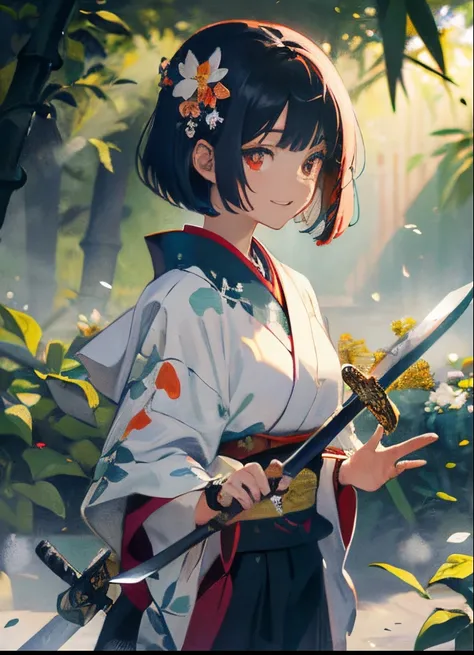 ((masterpiece, super detail, exquisite detail, top quality, illustration)), one girl, solo, high quality, watching viewer, red eyes, black hair, bob cut, floral hair ornament, smile, floral kimono, Japan in garden, bamboo forest, white gravel garden, shoji...