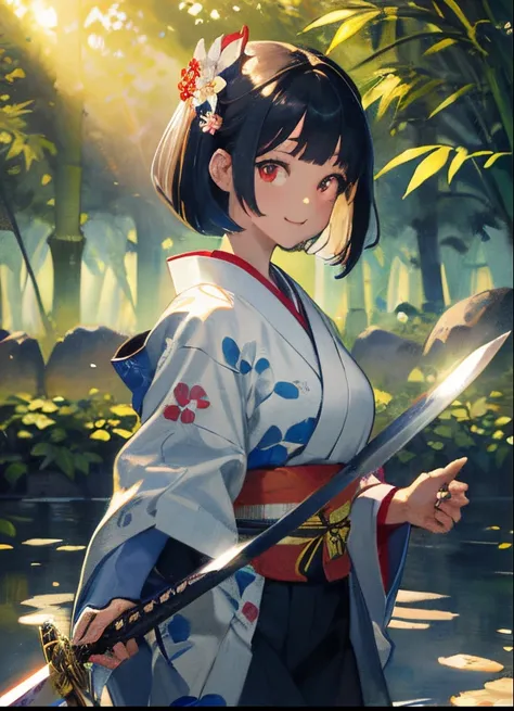 ((masterpiece, super detail, exquisite detail, top quality, illustration)), one girl, solo, high quality, watching viewer, red eyes, black hair, bob cut, floral hair ornament, smile, floral kimono, Japan in garden, bamboo forest, white gravel garden, shoji...