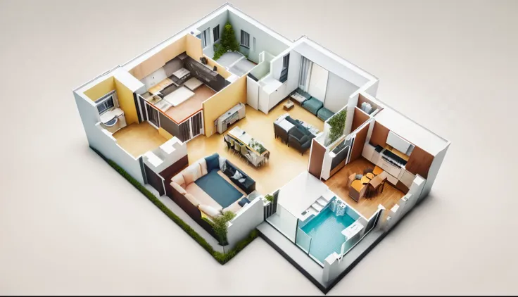 a view of a house with bathroom and living room, Accurate architectural representation, isometric 3d render, Interior de la casa, architectural rendering, D render, Interior Design Architecture, 3D architectural render, Apartment located in the near future...