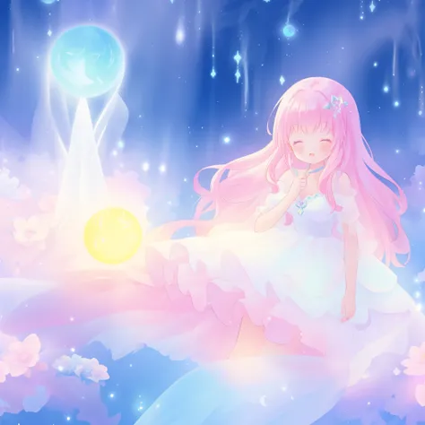 beautiful girl in sparkling white dress holding a magical sphere, ((sparkling puffy layered ballgown)), (magical, whimsical), (glowing magical orb), long flowing colorful hair, colorful fantasia background, watercolor illustration, disney art style, glowin...