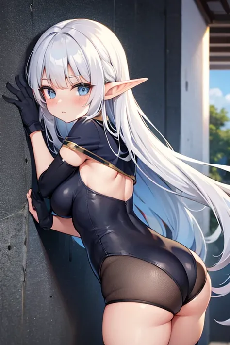 elven girl,butt sticking out from the wall,silver long hair ,large breast,BREAK,navy polyester low-legs leotard,cutout between underboob,black short sleeves,BREAK,boots,red long gloves