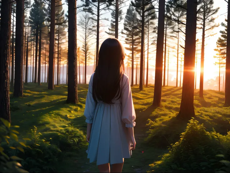 ((ultra detailed,ultra high res,detailed background)),sunrise,forest,impressive,chill,inspirational,1girl,facing away