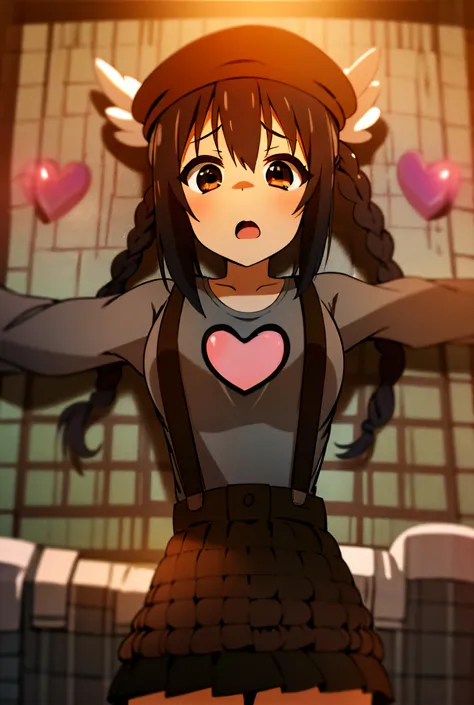 1girl, (((​masterpiece))), top-quality, top-quality, high détails, nakano azusa, 1girl, Twin-tailed, length hair, A dark-haired, brown-eyed, Gray T-shirt.suspenders.a black skirt.illustratio, comic strip, soothing tones, Subdued Color, Soft cinematic light...