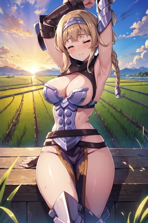 LeinaQuiron woman, 1girl, solo, breasts, blush, blue eyes, blonde hair, large breasts, cleavage, braid, hairband, armor, twin braids, side braid, short hair with long locks, buckle, shield BREAK (masterpiece, best quality:1.3), 4k, ultra-detailed, trending...