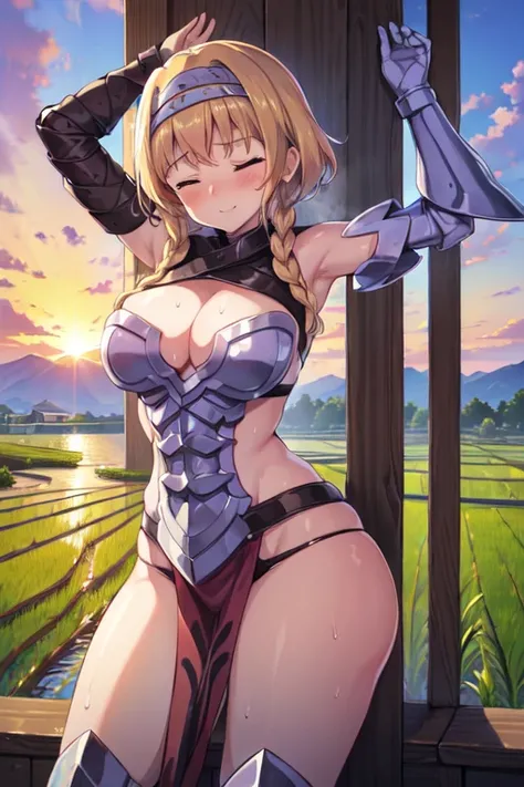 LeinaQuiron woman, 1girl, solo, breasts, blush, blue eyes, blonde hair, large breasts, cleavage, braid, hairband, armor, twin braids, side braid, short hair with long locks, buckle, shield BREAK (masterpiece, best quality:1.3), 4k, ultra-detailed, trending...