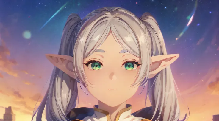 an elf girl,twin tails with gray hair、white robes and skirts、black tights、brown boots,green eyes,parted bangs,thick eyebrows,bea...