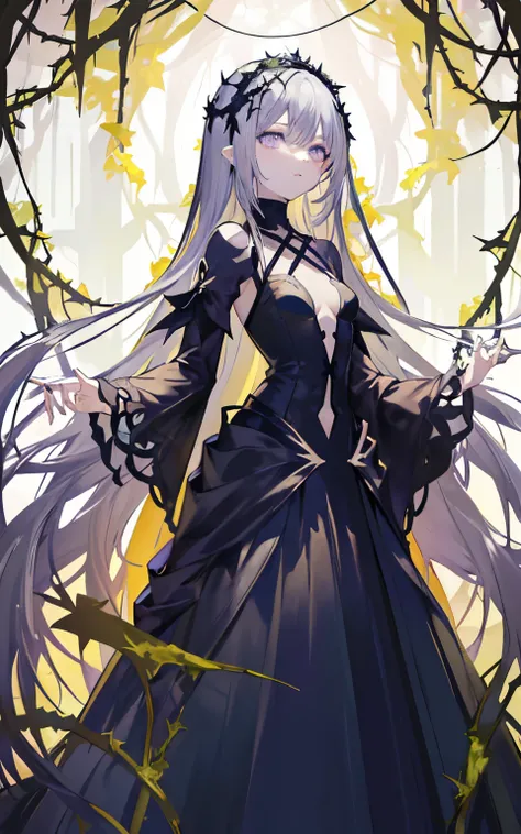 ((masterpiece:1.4, best quality))+, (ultra detailed)+,(ultra detailed eyes)+,
(cute 1girl),15 years old,(violet eyes:1.15),silver hair, very long hair,(wariza:1.2),pale skin,closed mouth, illusion, 
(She is dressed in a gown made of intertwining vines:1.5)...