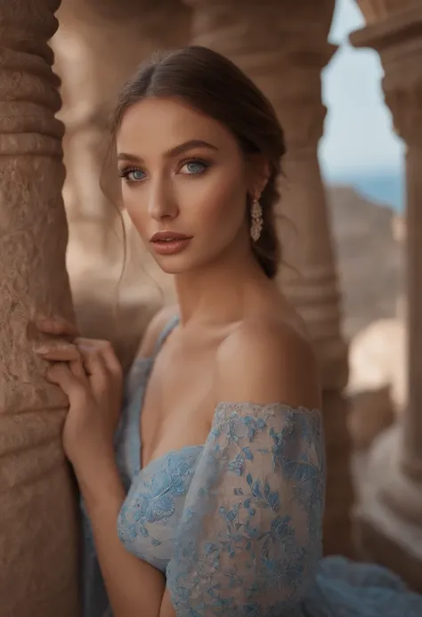 A poised and alluring woman with captivating blue eyes, resembling the ultra-realistic Sophie Mudd. She wears natural makeup, exudes a sexy charm in a short dress, and poses in Greece setting with a prominent bust.