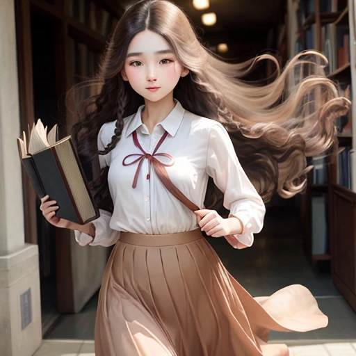 Girl Running　Long skirt　Long hair　I have a book　Perm Hair　proud　holding a book in front of one&#39;s chest　Running