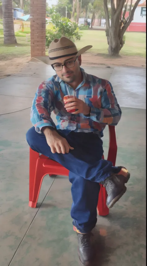 Araffe sitting in a red chair with a drink in his hand, sentar-se casualmente, awkwardly holding red solo cup, com uma bebida, sentado em uma mesa, sentado, O Sr. Robert is drinking fresh tea, segurando uma bebida, potrait de corpo inteiro segurando garraf...