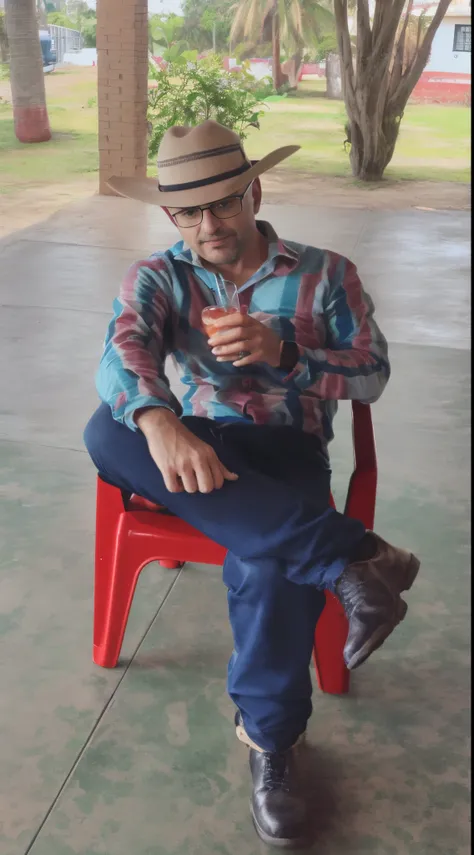 Araffe sitting in a red chair with a drink in his hand, sentar-se casualmente, awkwardly holding red solo cup, com uma bebida, sentado em uma mesa, sentado, O Sr. Robert is drinking fresh tea, segurando uma bebida, potrait de corpo inteiro segurando garraf...