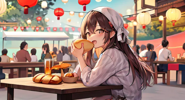 Some foreigners drink beer and eat bread on an outdoor table，Happiness overflows on the face，Hand drawn style，There are some Chinese lanterns in the background。