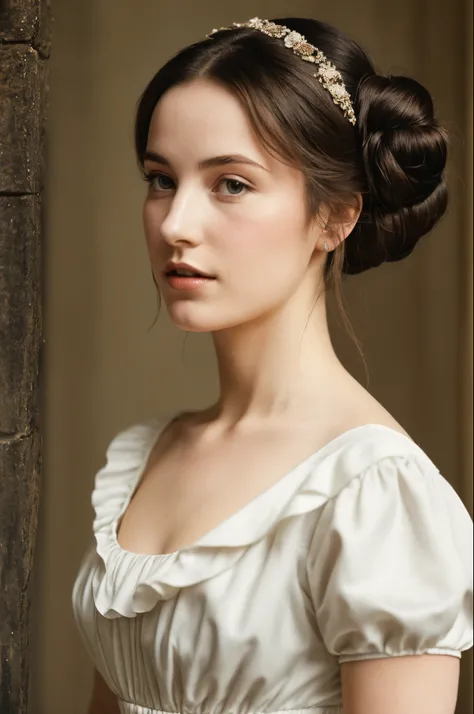 British woman, 22 years old, brown hair in bun, 1830s gown