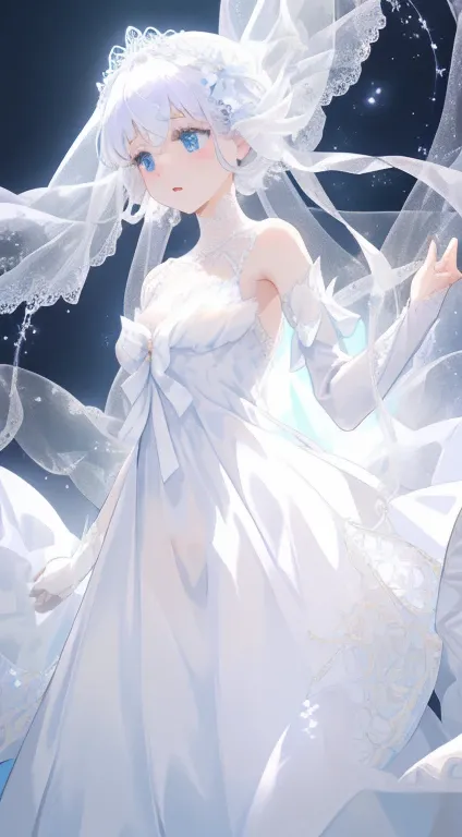 There is a dress on a mannequin stand with light、((Fantastical))、 translucent  dress, white royal dress, Elegant white dress, fantasy dress, Elegant dress, magical dress, romantic dress, intricate fantasy dress, complex white dress, Wearing a beautiful whi...