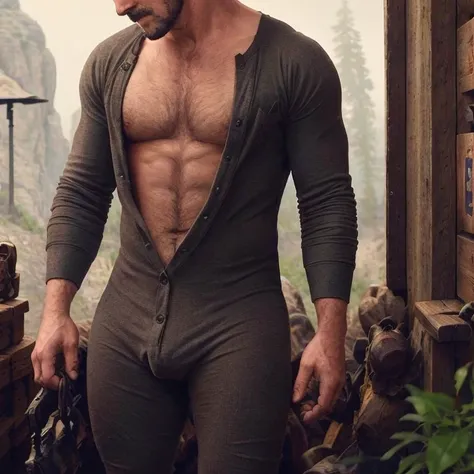 A closeup of (an attractive man wearing a union suit:1.2) (chest hair:1.1), mustache, cabin background, ruggedly handsome, modelshoot style, (extremely detailed CG unity 8k wallpaper), photo of the most beautiful artwork in the world, professional majestic...