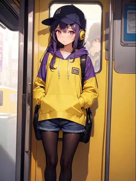 1girl, wearing a hat with headphone, yellow hoodie, purple short pants, blushing face, at train, waiting, standing, look at window train, dawn