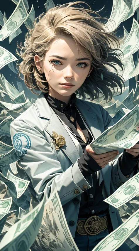 Detailed drawing of a person in costume, Surrounded by gusts of wind on dollar bills, Focusing on the Financial Freedom Formula book.