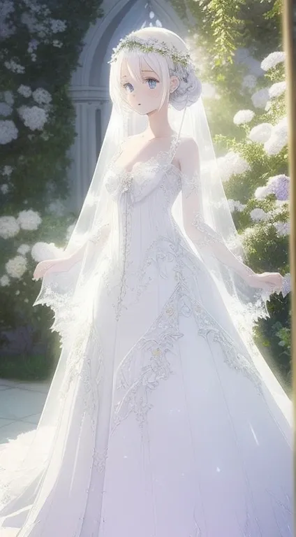 There is a dress on a mannequin stand with light、((Fantastical))、 translucent  dress, white royal dress, Elegant white dress, fantasy dress, Elegant dress, magical dress, romantic dress, intricate fantasy dress, complex white dress, Wearing a beautiful whi...