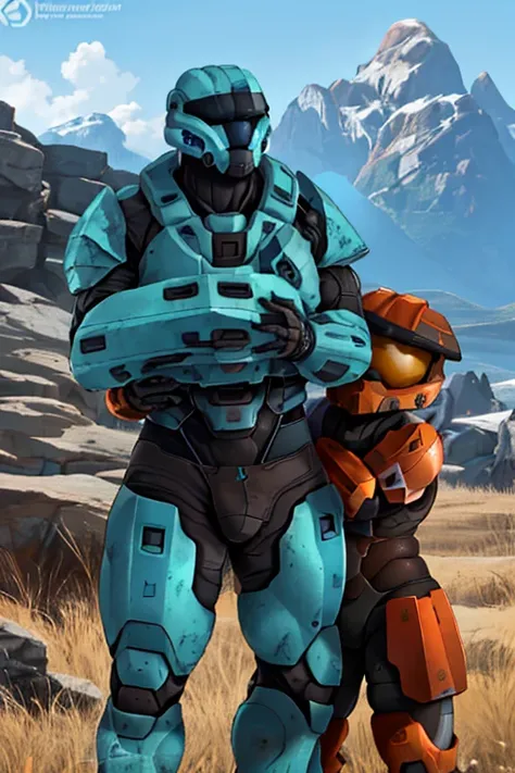 spartan, 2boy, duo, standing, helmet, faceless, armor, gloves, power armor, science fiction, crotch plate, muscular, outside, grass, mountain, hugging, face to face