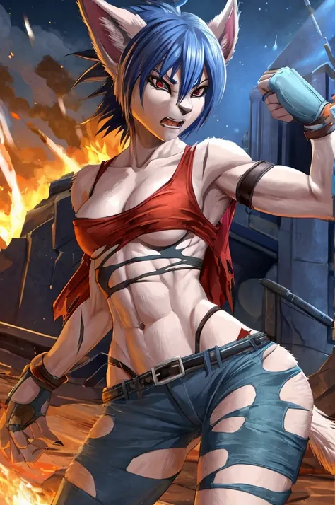 Jenny from Bloody Roar Game, wearing very little, torn clothes, battle scars, Anthro female, slim, athletic, highly detailed, sexy, fierce expression,