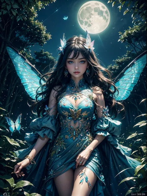 At the fountain in the forest at night, Illuminated by mysterious moonlight, Fairy standing on the surface of the water、Spread the wings of a butterfly on its back. Beautiful face and brightly colored glowing eyes. Beautiful butterfly wings like glasswork....