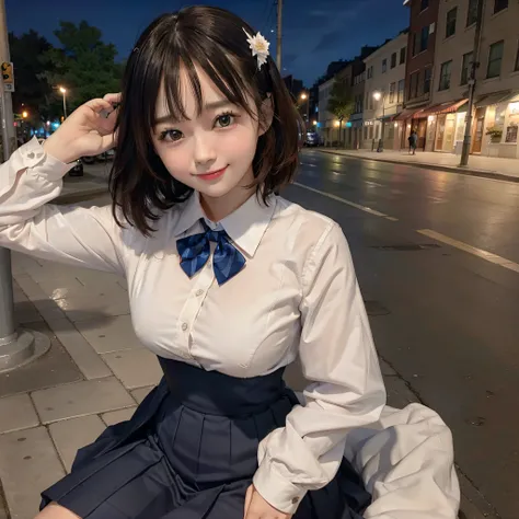 There is a woman who is on the street with a purse, petting white cat, Ulzzang, (8k, RAW photo, best quality, masterpiece: 1.2), (realistic, photo-realistic: 1.37), ultra-detailed, 1 girl, cute, solo, beautiful detailed sky, detailed coffee, night, sitting...