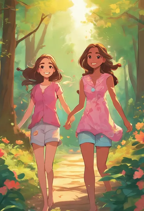 (best quality, 4k, highres, masterpiece:1.2), ultra-detailed, realistic:1.37, two beautiful girls walking through a forest, they have detailed faces, well-defined bodies, both wearing pink blouses, black shorts, white sneakers, masterpiece in high definiti...