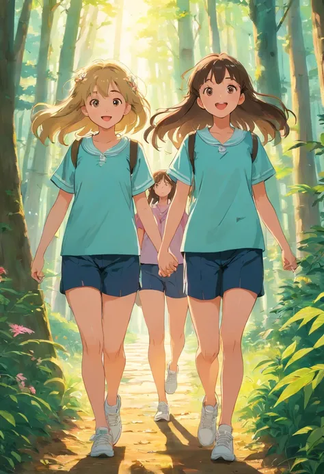 (best quality, 4k, highres, masterpiece:1.2), ultra-detailed, realistic:1.37, two beautiful girls walking through a forest, they have detailed faces, well-defined bodies, both wearing pink blouses, black shorts, white sneakers, masterpiece in high definiti...