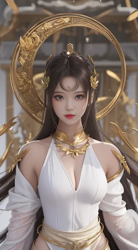 20-year-old oriental woman wearing white dress with golden halo, beautiful fantasy empress, ((beautiful fantasy empress)),  goddes. extremly high detail, anime goddess, 8K high quality detail art,