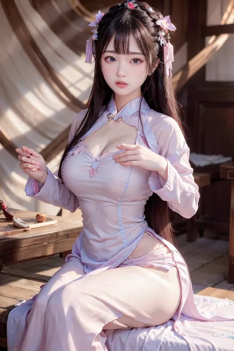 Wet-breasted Hanfu  dynasty open V-chested clothes royal, All pictures, Wet body of thin silk fabric, Thin silk lace petticoat,princess 8 yeald old cute, (huge boobs，cleavage),petticoat, white pink, blue ，best qualtiy，tmasterpiece，超高分辨率，（真实感：1.4），RAW photo...