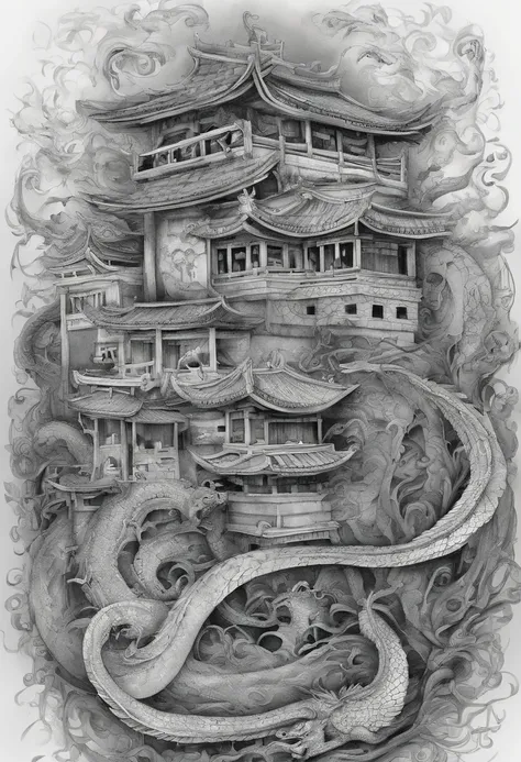 (tmasterpiece,Best quality at best:1.2),An oriental dragon,Hovering over ancient Chinese buildings, ,((wash painting)),((ink...)), 电影灯光,动态照明,Wide