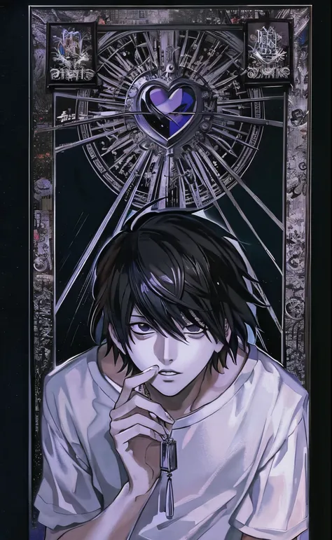 a painting of a man with a heart on his chest, death note, death note style, by Takeshi Obata, l · Lawliet, inspired by Takeshi Obata, death note ， d & d, light yagami, yagami light, style of junji ito, manga”, junji ito artwork, art style of junji ito , L...